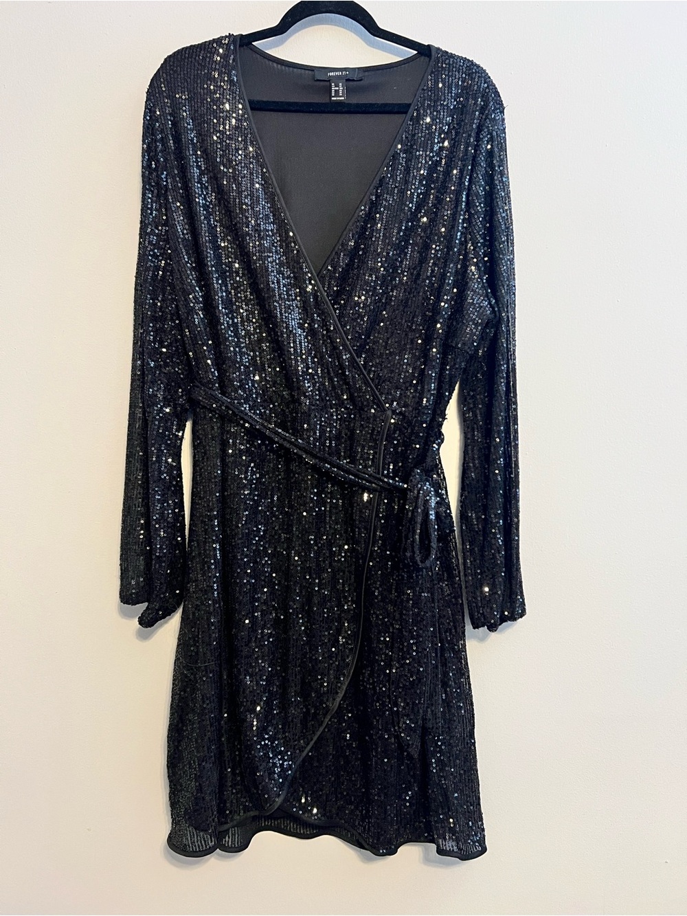 Forever 21 Black Sequin Long Sleeve Wrap Dress